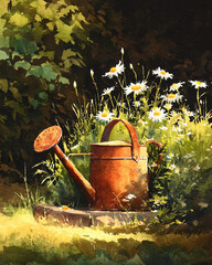 A rusty watering can sits in a field of daisies