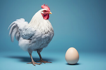 White chicken stands beside a pristine egg against a light blue background in a playful display of nature's wonders