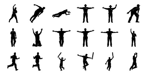 Cricket players and umpires in action silhouette