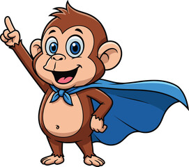 Cute cartoon monkey superhero wearing a blue cape, pointing upwards with a joyful smile, ideal for kids' content, educational designs, or playful branding projects.