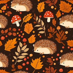 Seamless pattern of cute hedgehogs and very leaves on a dark brown background
