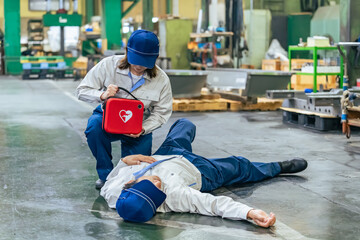 A worker uses an AED to help a man who collapsed at a factory