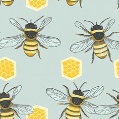 Seamless pattern of cute bees and honeycombs with honey on a blue background