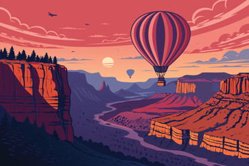 Hot air balloons float over the Grand Canyon at sunset.