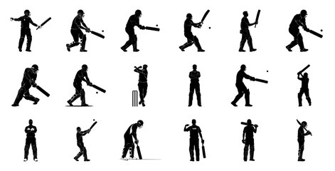 Cricket players batting and fielding silhouettes batsman