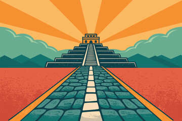 A stylized, retro graphic of a Mayan pyramid under a radiating sun.