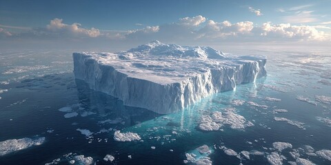 A tall, melting iceberg in the icy Arctic Ocean. The snow-covered glacier drifts under a blue, sunny sky. Clear ice. Aerial view