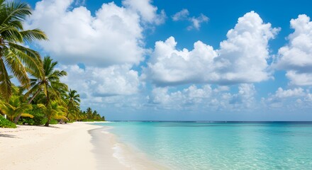 Paradise Beach: A breathtaking tropical beach, kissed by the sun. Capture a slice of paradise with crystal-clear turquoise waters lapping against soft, white sands.