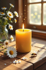 candles and flowers on wooden background