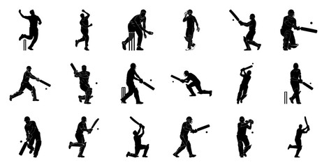 Cricket players in action silhouettes batsman bowler