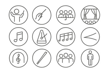 Fototapeta premium Musical Performance Icons. Line style round icons of musical performance: conductor, baton, ensemble, stage; music note, tempo,