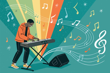 A person plays a keyboard with music notes swirling around.