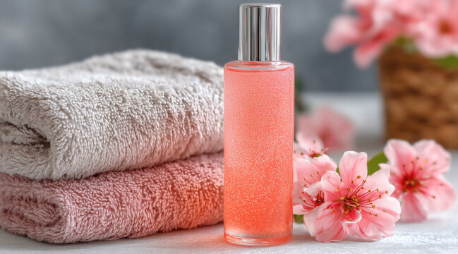 Indulge in a revitalizing spa experience with this elegant body wash and plush towels for ultimate relaxation