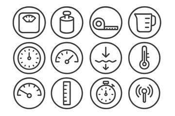 Measurement Concept Icons. Line style round icons of measurement concepts: scale, weight, length, volume; time, speed, depth,