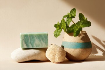 A pastel-toned still life showcases a rectangular bar of greenish-teal soap, a textured light beige vase with teal stripes, and fresh mint leaves, all artfully arranged on light beige stones.