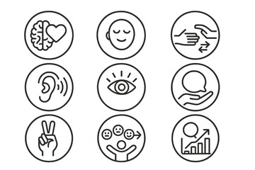 Emotional Intelligence Icons. Line style round icons of emotional intelligence: brain-heart, calm face, empathy hand, feedback