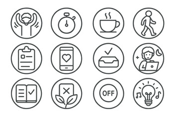 Freelance Routine Icons. Line style round icons of freelance routine: morning stretch, deep work timer, break tea, midday walk;