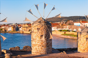 Wind Mills of Chios Island on Aegean sea shore, landmark of Greece islands. Aerial view