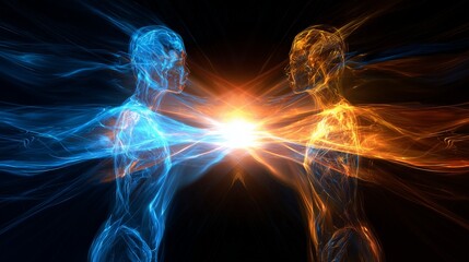Two abstract light figures connecting, symbolizing empathy, successful partnership, and synergistic communication.