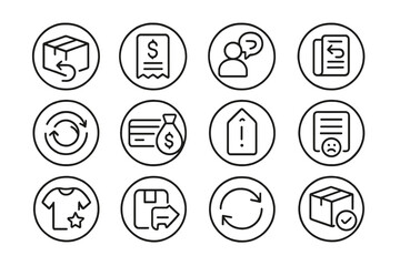 E-commerce Returns Icons. Line style round icons of e-commerce returns and refunds: return box, refund receipt, customer request,