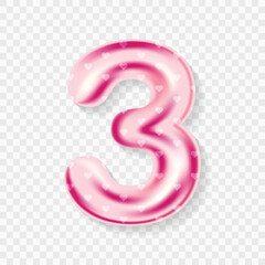 Editable 3D Pink Heart Balloon Number 3 Isolated on Transparent Background with Cute Design for Birthday or Party