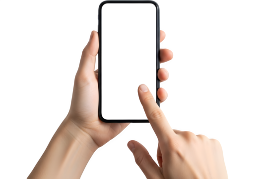 Woman Using Smartphone with Blank White Screen, Mobile Technology, Internet Connectivity, App Interaction, Hands Holding Device, Black Background, Modern Lifestyle