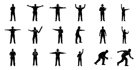 Cricket umpire and player silhouettes sport