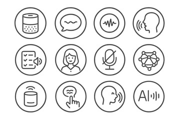 Voice-Controlled Device Icons. Line style round icons of voice-controlled devices: smart speaker, voice bubble, wake word, speech