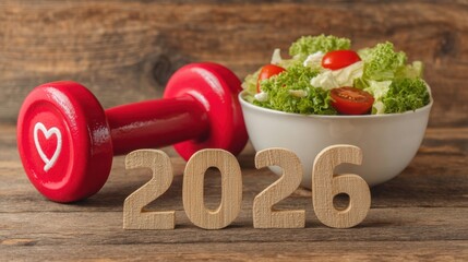 Healthy Lifestyle Concept for New Year 2026 with Dumbbell Fresh Salad Bowl and Wooden Numbers Symbolizing Fitness and Wellness Goals