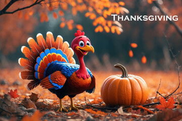 Thanksgiving Card Cute Turkey on Autumn Background Orange Pumpkins and Yellow Leaves AI Generative