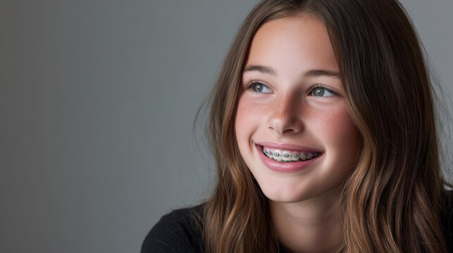 Smiling teenage girl with braces in a casual setting, looking joyful and confident against a soft gray background, showcasing youthful beauty and charm