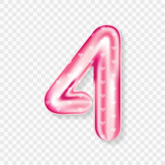 Editable 3D Pink Heart Balloon Number 4 Isolated on Transparent Background with Cute Design for Birthday or Party