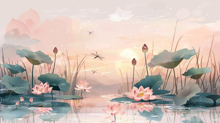 Serene watercolor illustration of lotus flowers and dragonflies at sunset