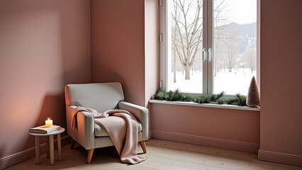 Soft cozy living room corner with candle, book and gentle evening winter light