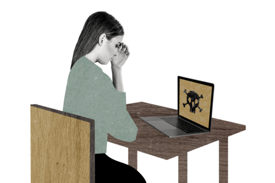 Composite photo collage of upset stressed girl sit chair macbook device cyberattack security spyware scull isolated on painted background