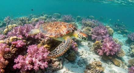 Fototapeta premium A sea turtle glides through a vibrant coral reef ecosystem.