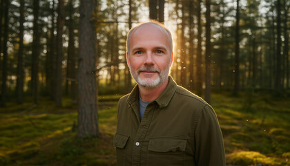 Portrait of a Thoughtful Man in a Serene Forest, Nature Photography, Tranquil Environment, Natural Light