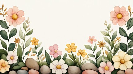 A vibrant floral border featuring colorful flowers and lush greenery.