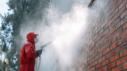Professional worker in red protective suit performing building exterior cleaning with steam pressure washer during bright sunny day in urban environment