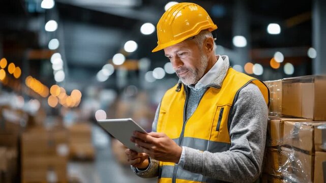 Warehouse Worker: A focused worker in a warehouse environment, diligently examining information on a digital tablet amidst rows of stored packages and goods.