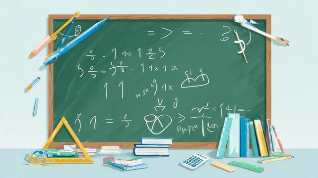A blackboard with math equations surrounded by school supplies in a cartoon-like style