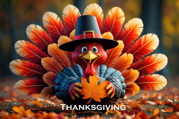 Thanksgiving Card Cute Turkey on Autumn Background Orange Pumpkins and Yellow Leaves AI Generative