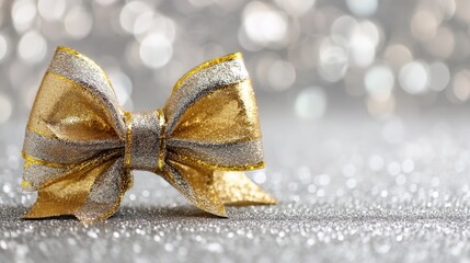 Shiny gold and silver bow decoration on sparkling glitter background for festive celebrations, holidays, and creative gift-wrapping occasions