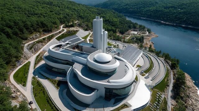 Architectural Harmony: An aerial view showcases the organic architectural forms harmonizing with nature's grandeur, nestled along a serene lake, a testament to innovative design and sustainability.