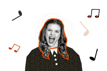 Creative trend collage of funny female singing loud voice have fun musician singer template metaphor psychedelic pinup