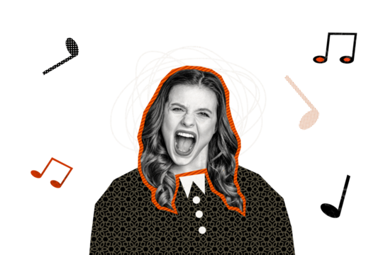Creative trend collage of funny female singing loud voice have fun musician singer template metaphor psychedelic pinup - Powered by Adobe