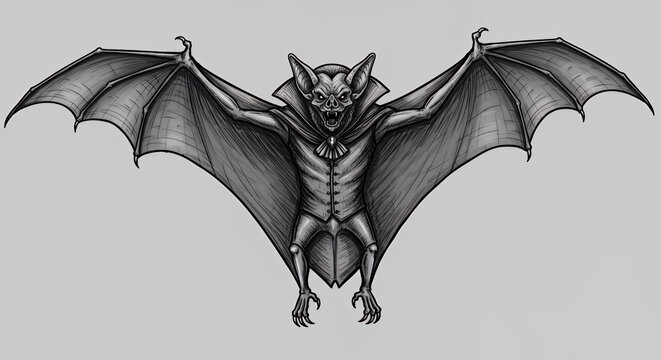 Dark Gray Bat Creature with Outstretched Wings in Artistic Illustration