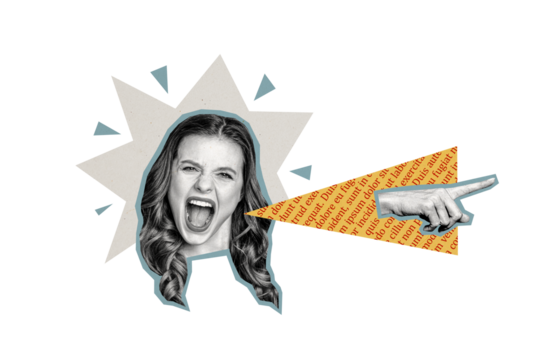 Composite photo collage of angry girl head scream boss reprimand hand point out dismissal staff termination isolated on painted background