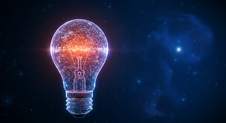 Digital light bulb with glowing filament on dark space background