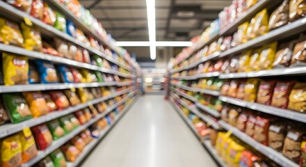 Naklejka premium Blurry view of grocery store aisles filled with colorful packaged snacks, offering depth and choice